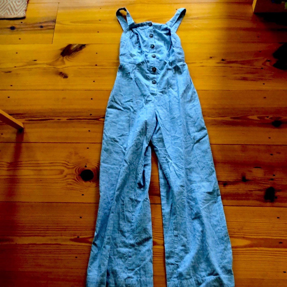 Blue pinstriped overalls